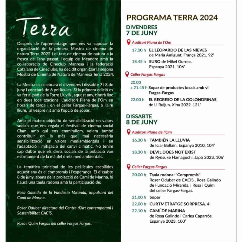 Cartell informatiu de la Mostra de Cinema de Natura Terra 2024, amb una introducció sobre l'esdeveniment i el programa detallat pels dies 7 i 8 de juny. Inclou informació sobre les projeccions de pel·lícules, sopars i una taula rodona sobre compromís ambiental i social.