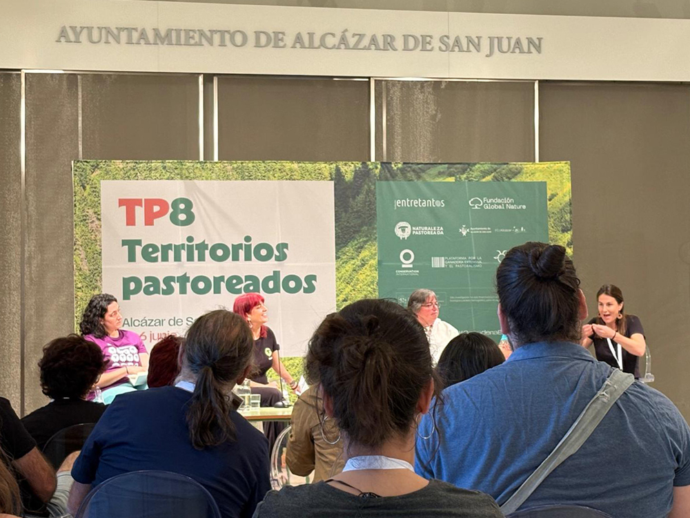 Ayuntamiento de Alcázar de San Juan Una fotografia d'una conferència o presentació, amb un grup de ponents asseguts darrere d'una taula i una gran pantalla verda amb text "TP8 Territorios pastoreados", mentre el públic els escolta des dels seients.